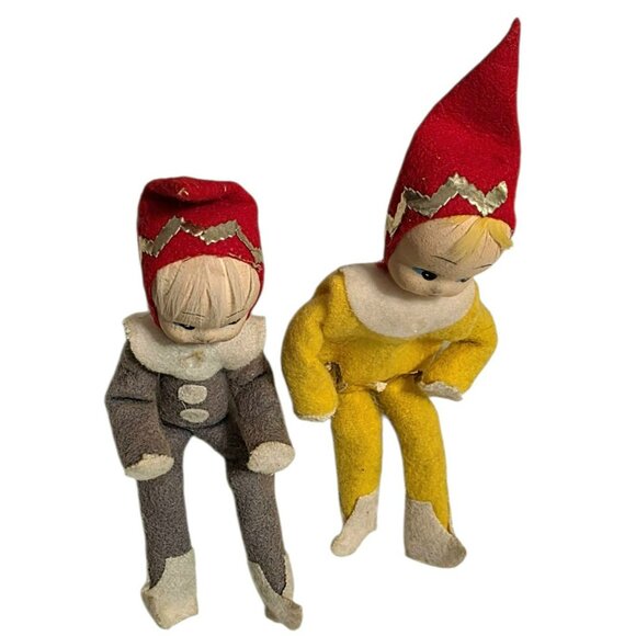 2 Vintage Christmas Pixie Elf Dolls MCM Shelf Sitter Posable Felt Holiday Decor - Picture 8 of 9